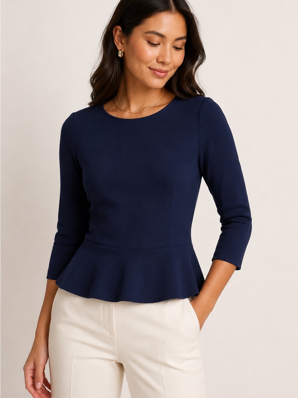 Women's Navy Peplum Top - Classic Office Style